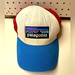 Patagonia P-6 Logo Trucker Hat in White Fire Andes Blue SnapBack